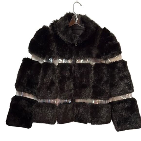 Donna Salyers' Fabulous Furs Jackets & Blazers - New Donna Salyers' Fabulous Furs Black Faux Fur w/Clear Plastic Y2K Goth Coat XS